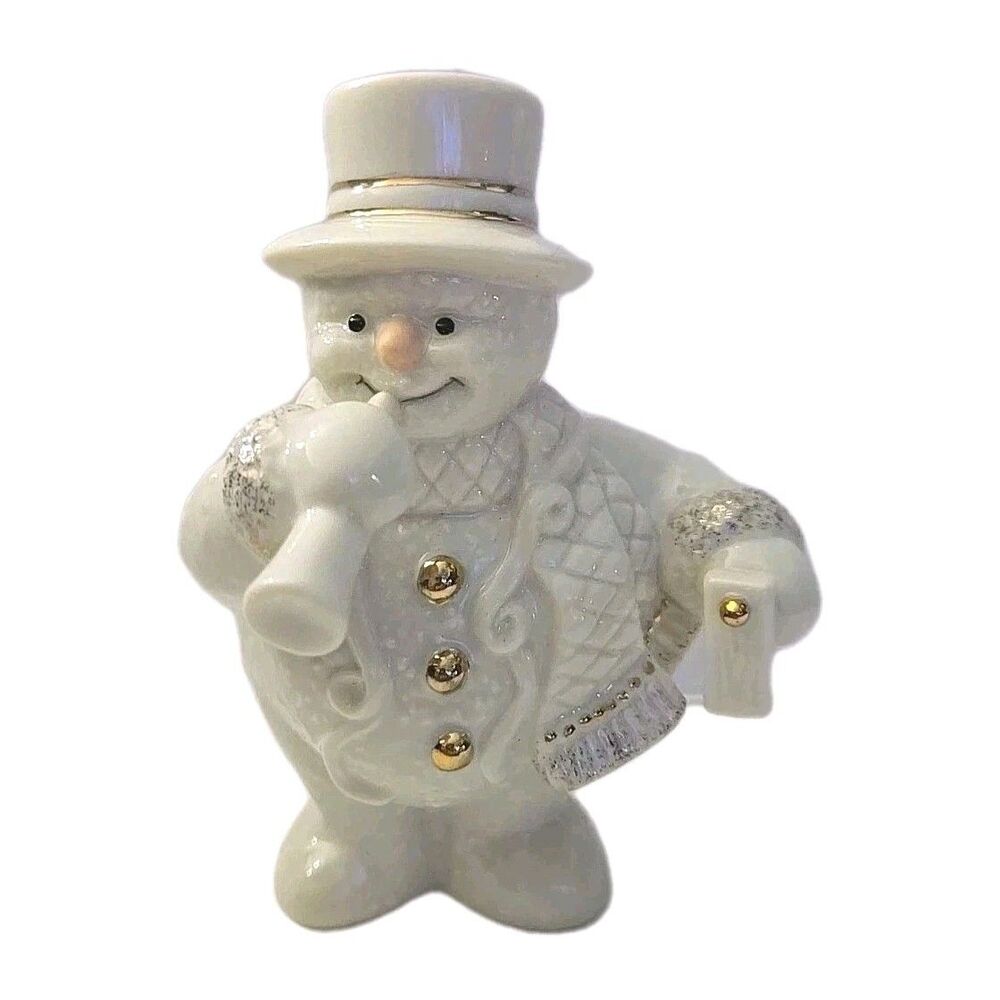 Lenox Celebration Snowman Figurine Ceramic Noisemakers Horn Gold Accents 3.5"